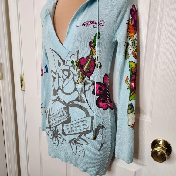 Ed Hardy x Christian Audigier Hooded Sweater Mini Dress Size XS Rhinestone - Picture 2 of 16
